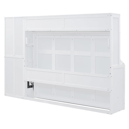 Merax Queen Size Murphy Bed, Modern Wall Bed with Storage Cabinets & Drawers, Space-Saving Foldable for Bedroom Guest Room Home Office Small Apartment, White