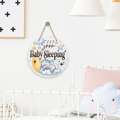 Shhh Baby Sleeping Front Door Sign, Elephant Moon Cloud Stars Wood Door Hanger Nursery Kids Bedroom Decor, Infant Toddler Baby Boy Girl Room Rustic Wooden Wreath Indoor Wall Hanging Decoration