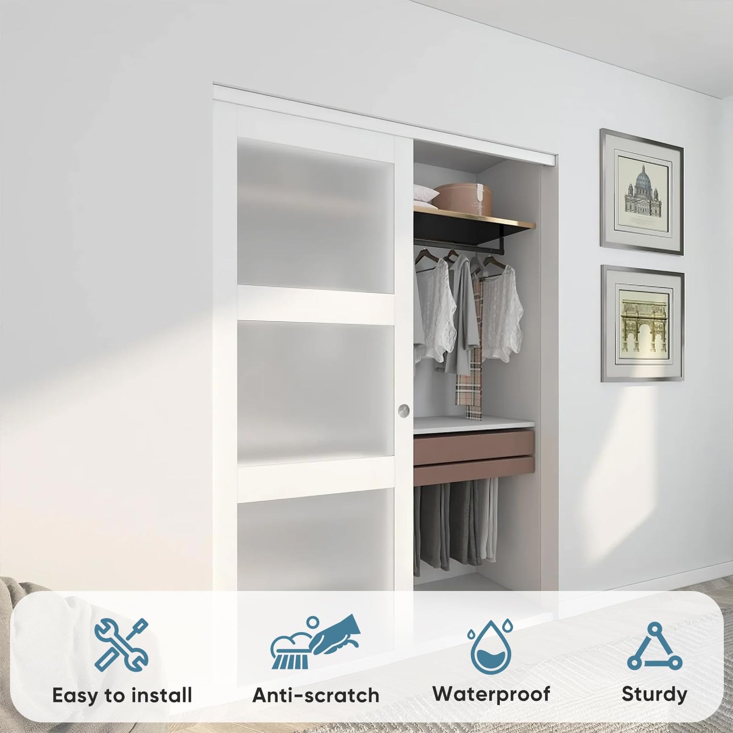 JUBEST Sliding Closet Door 60"(Double 31") x 80", 3-Lite Frosted Glass Bypass Door with Hardware Kit & Matching Fascia, Pre-Drilled Solid Wood Slab with Water-Proof PVC Surface, Easy to Install, White