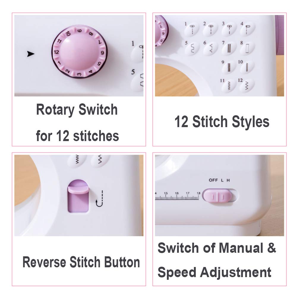 Dechow Sewing Machine for Beginners, Electric Mini Portable, 12 Built-in Stitches with Reverse Sewing, 2 Speeds Double Thread with Foot Pedal, Storage Bag, Cotton Fabric and Threads(Purple)