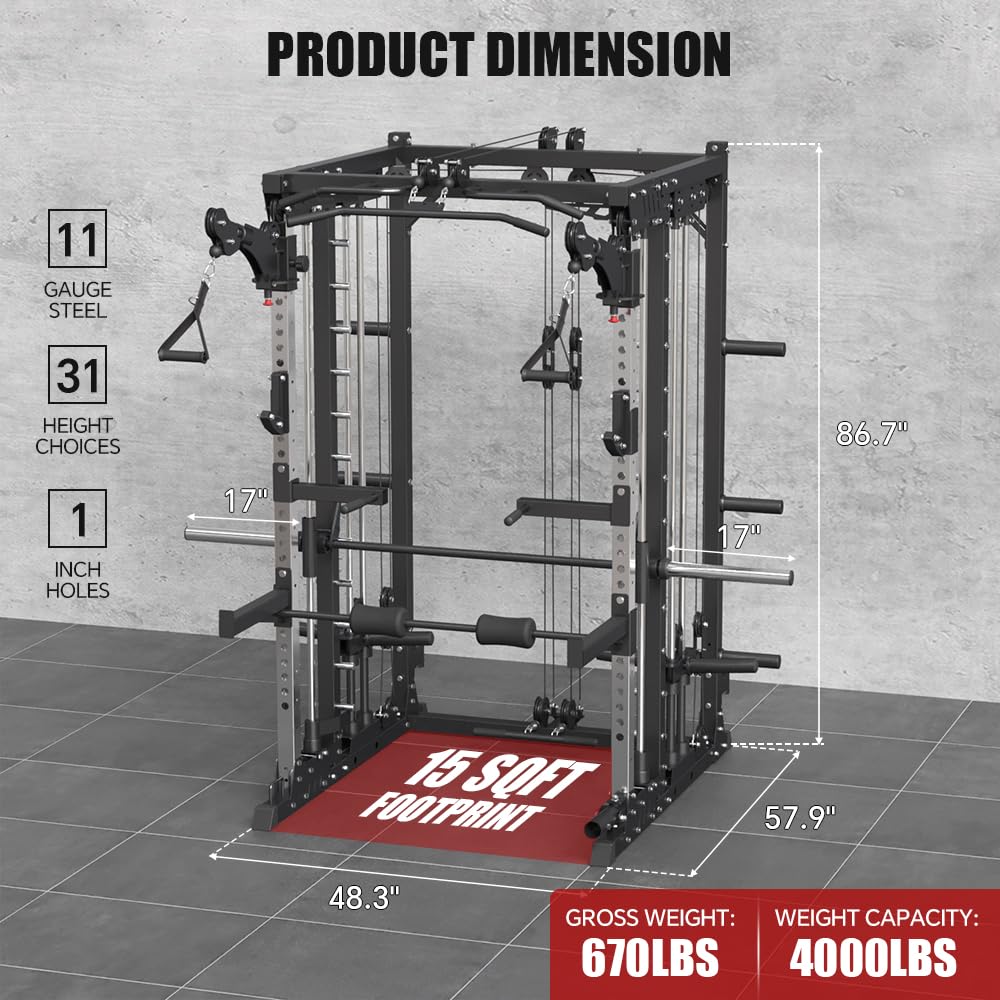 FAGUS H Black Commercial Smith Machine with Smith Bar, 4000LB Power Cage Squat Rack with Lever Arm, Leg Press, LAT Pull Down System, Multi-Function Linear Bearing Cable Crossover Machine for Home Gym