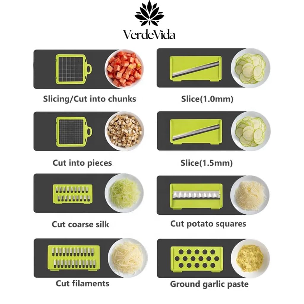 VerdeVida Vegetable Chopper, Food Chopper & Spiralizer, 15-in-1, 8 Stainless Steel Blades, Black