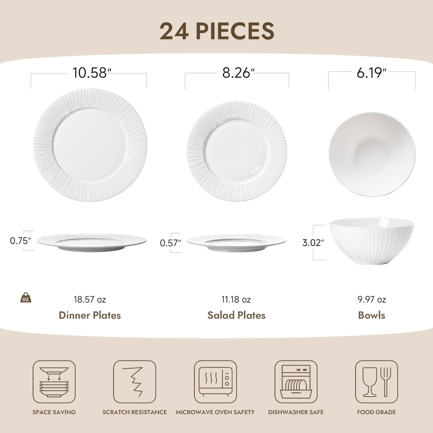 KINGSTONE 24-Piece Bone China Dinnerware Set with 40-Piece flatware, White Lightweight Porcelain Service for 8, for Family Dining, Restaurants, Gifting，Microwave and Dishwasher Safe