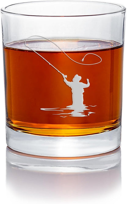 Fly Fisherman Round Rocks Glass, Fisherman Gift Fishing Glass