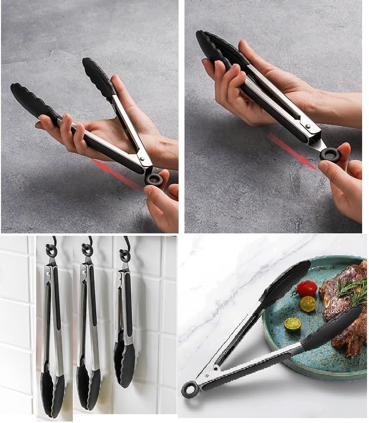 Kitchen Tongs for Cooking, Locking Silicone Tongs, Stainless Steel Serving Tongs, 7, 9, and 12 In Locking Food Tong