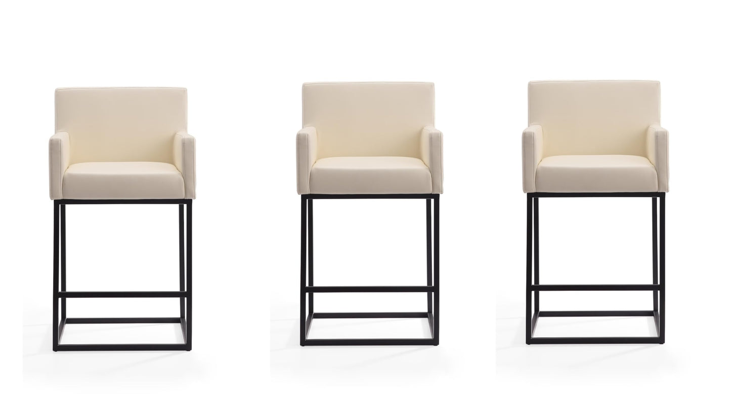 Manhattan Comfort Ambassador 38" Counter Height Bar Stool, Faux Leather Upholstery, Mid-Century Modern, Metal Frame with Footrest, No Assembly Required, Ideal for Kitchen Island, Set of 3, Cream