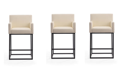 Manhattan Comfort Ambassador 38" Counter Height Bar Stool, Faux Leather Upholstery, Mid-Century Modern, Metal Frame with Footrest, No Assembly Required, Ideal for Kitchen Island, Set of 3, Cream
