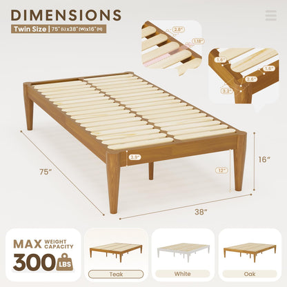 IOTXY Twin Platform Bed Frame - Solid Wood 16-Inch Height Mattress Foundation Base with Densely Slats and Heavy-Duty Support Legs, No Box Spring Needed, Teak