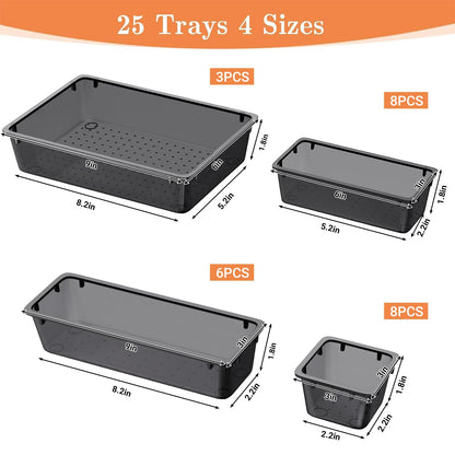 SpaceHacks 25 PCS Plastic Drawer Organizer Set, 4-Size Versatile Organizer Tool Trays & storage Bins for Makeup, Jewelry, and Gadgets in Bathroom, Bedroom and Office,Clear Black