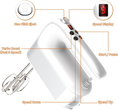 CBQ Electric Hand Mixer, 9 Speed 400W Handheld Mixer with Digital Display, Touch Button, Turbo, 5 Accessories