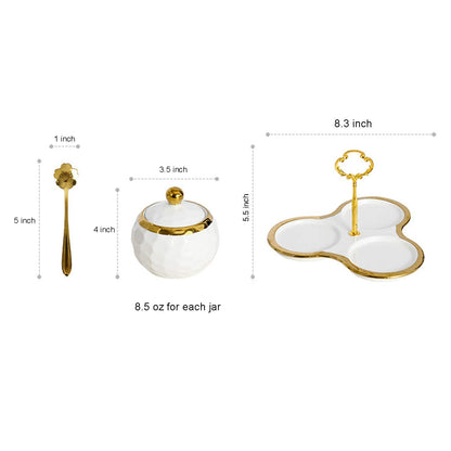 BIHOIB Golf Porcelain Sugar Bowl Condiment Pot Salt Container with Lid, Spoon and Tray, Set of 3, Modern Spice Box Seasoning Jar, White and Gold