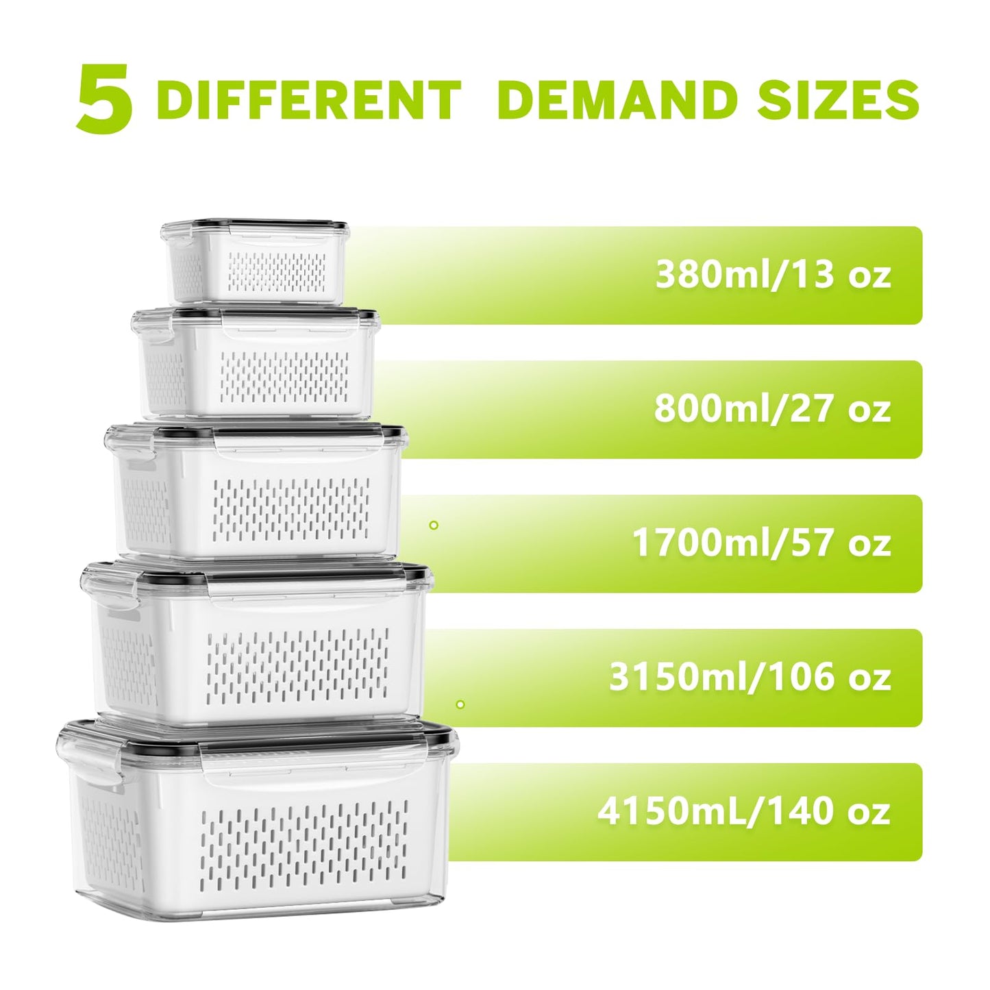 HOMETALL 5 Pack Fruit Storage Containers for Fridge, Plastic Fruit Containers for Fridge with Removable Colanders, Leakproof Fridge Organizers and Storage for Berry Vegetable Salad Lettuce Meat Food