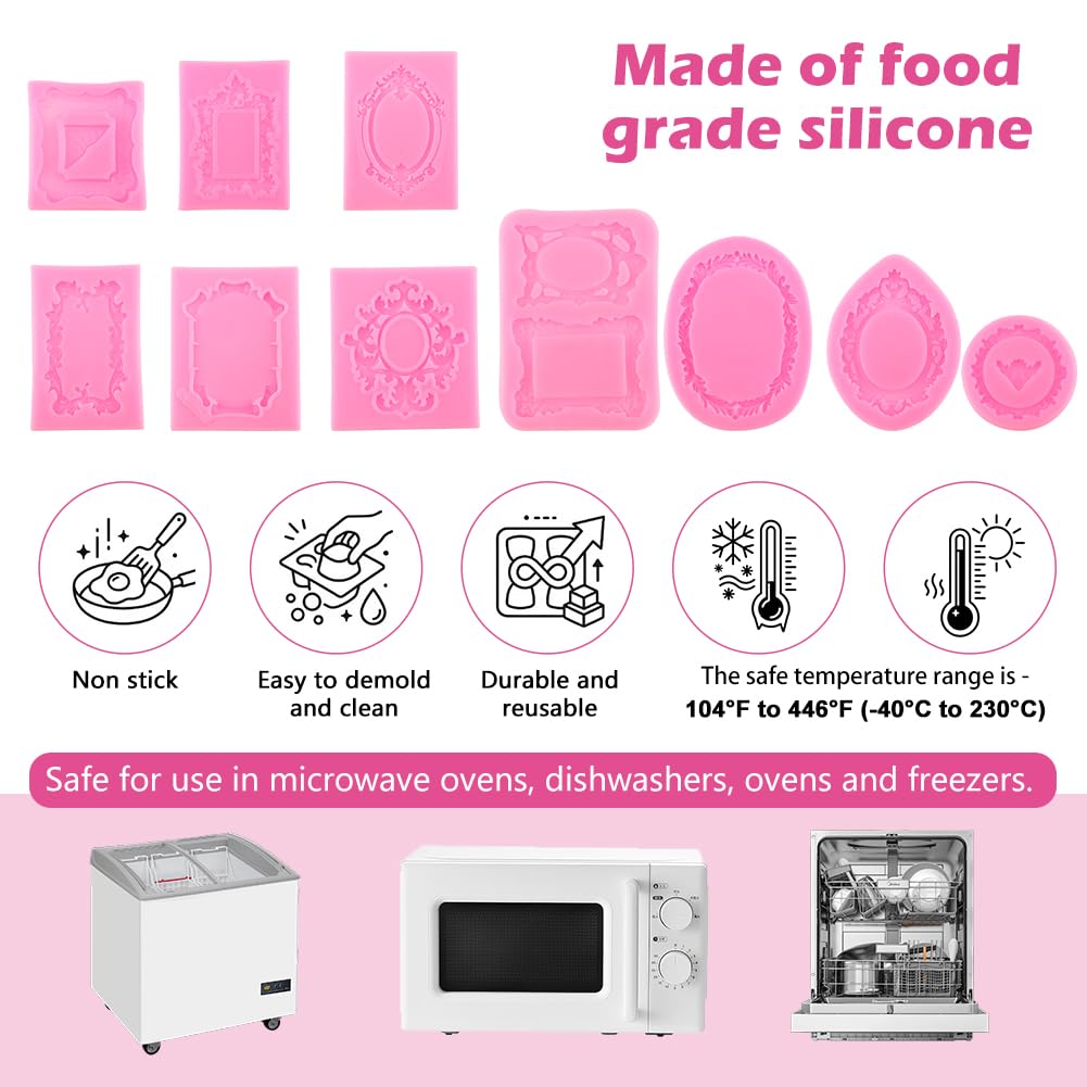 10 PCS Picture Frames Fondant Silicone Molds, Retro Style Air Dry Clay Molds, For Cake Decorating Cupcake Topper Chocolate Polymer Clay