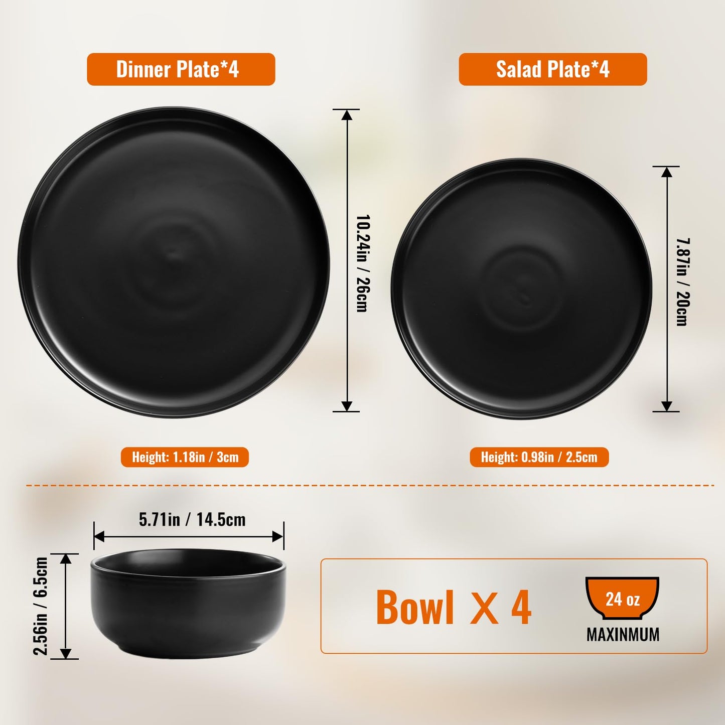 EWFEN Plates and Bowls Sets, 12 Pieces Ceramic Dinnerware Set for 4, Stoneware Dishware Dishes Set, Scratch Resistant Dishes Set, Dishwasher & Microwave Safe, Black