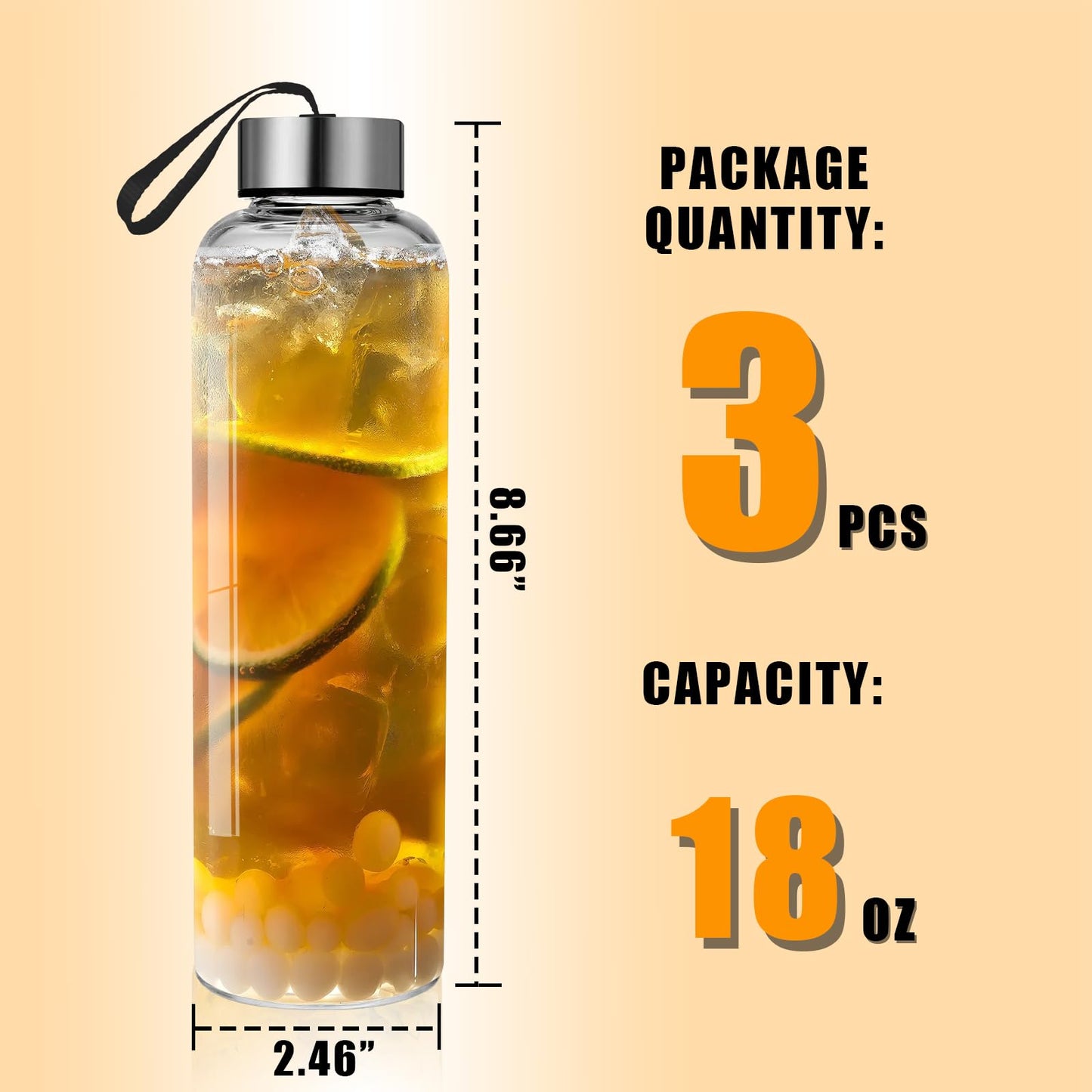 Glass Water Bottles Set of 3, 18 oz, Reusable Water Bottle with Lids, Juice Glass Bottles for Juicing, LeakProof, BPA Free, Container Bottle for Refrigerator, Suitable for Beverage, Soda (Clear)