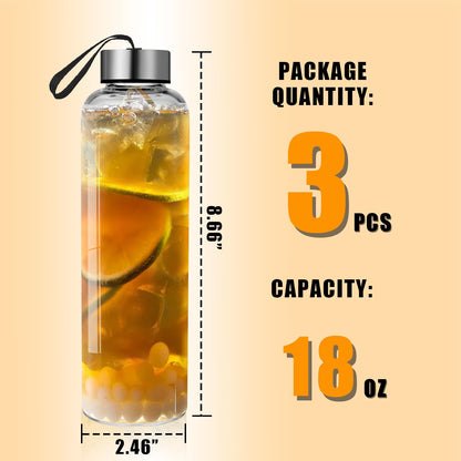 Glass Water Bottles Set of 3, 18 oz, Reusable Water Bottle with Lids, Juice Glass Bottles for Juicing, LeakProof, BPA Free, Container Bottle for Refrigerator, Suitable for Beverage, Soda (Clear)