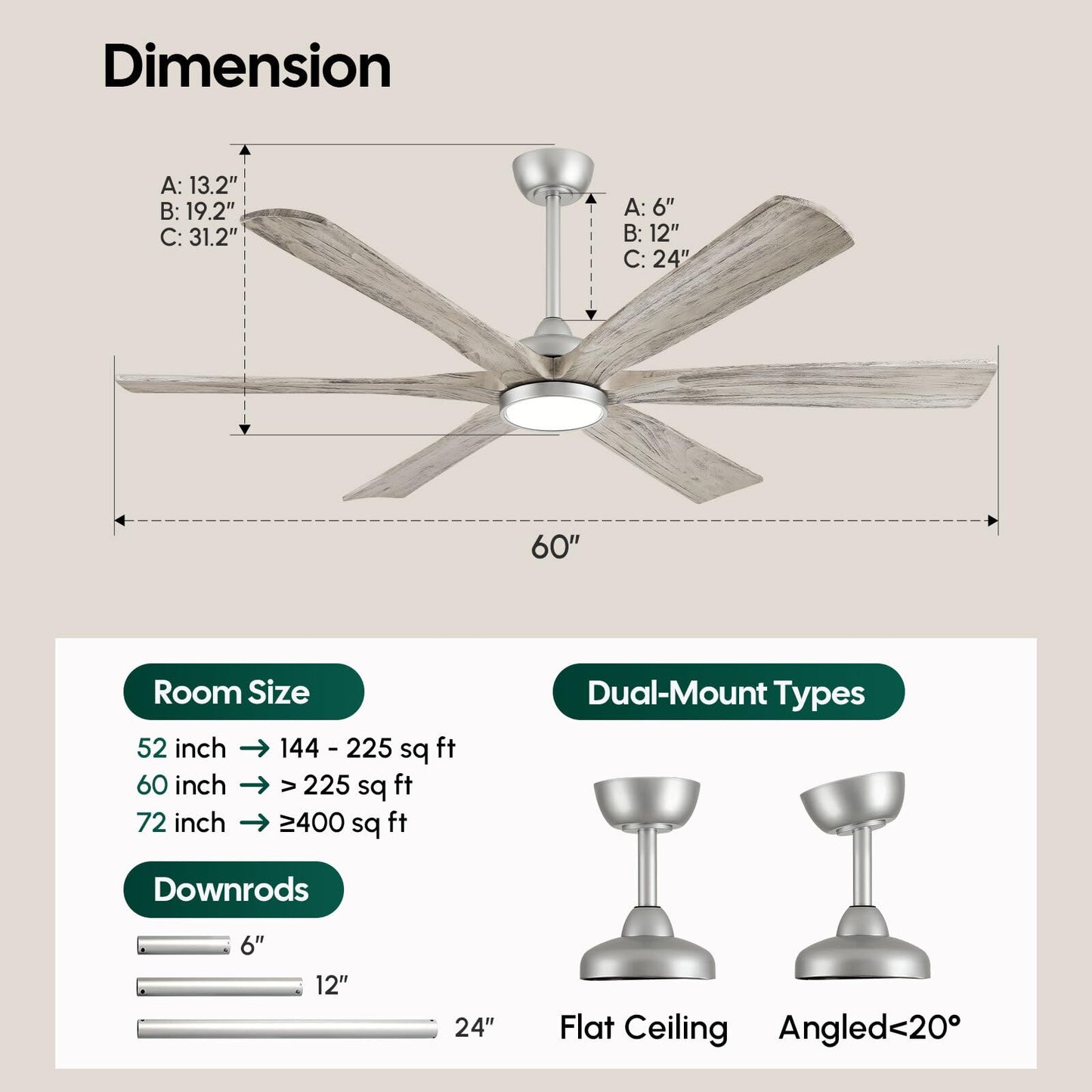 60 Inch Farmhouse Rustic Ceiling Fan with Light, Modern Smart Alexa/APP /Remote Control, Outdoor Fans for Patio Damp Rated, 6 Solid Wood Blades, High CFM Quiet DC Motor for Indoor Living Room Bedroom