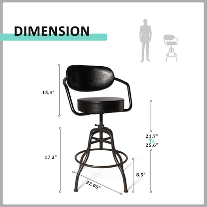 BOKKOLIK Industrial Office Chair with Backrest 21.7-25.6inch Height Adjustable Vintage Bar Stool with Swivel PU Seat Rustic Drafting Drawing Chair for Workbench Office Desk