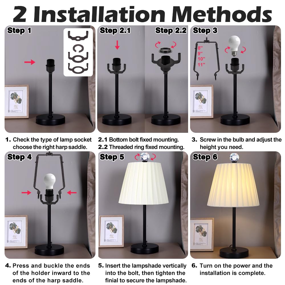 Asjeumt 8 9 10 11 inch Black Lamp Shade Harp Holder, Adjustable Height Harp Kit with Crystal & Metal Finial, DIY Replacement Making Repair Lampshade Bracket E14 E26 E27 Adapter Base Table Floor Light