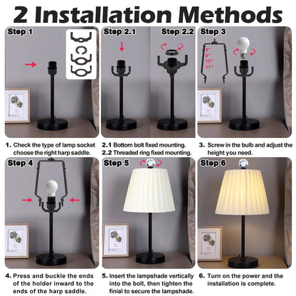 Asjeumt 8 9 10 11 inch Black Lamp Shade Harp Holder, Adjustable Height Harp Kit with Crystal & Metal Finial, DIY Replacement Making Repair Lampshade Bracket E14 E26 E27 Adapter Base Table Floor Light