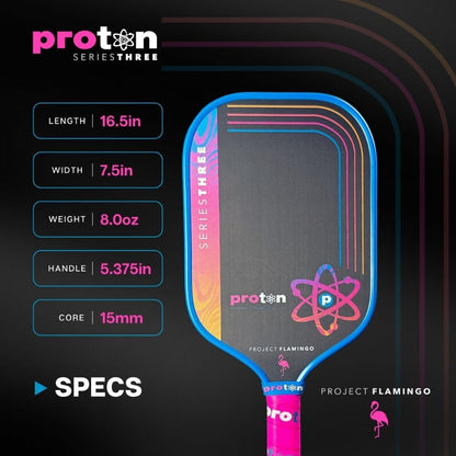 Proton Series Three Project Flamingo Pickleball Paddle - 15mm Velocity Core & Carbon Fiber Face (Pink, Elongated)