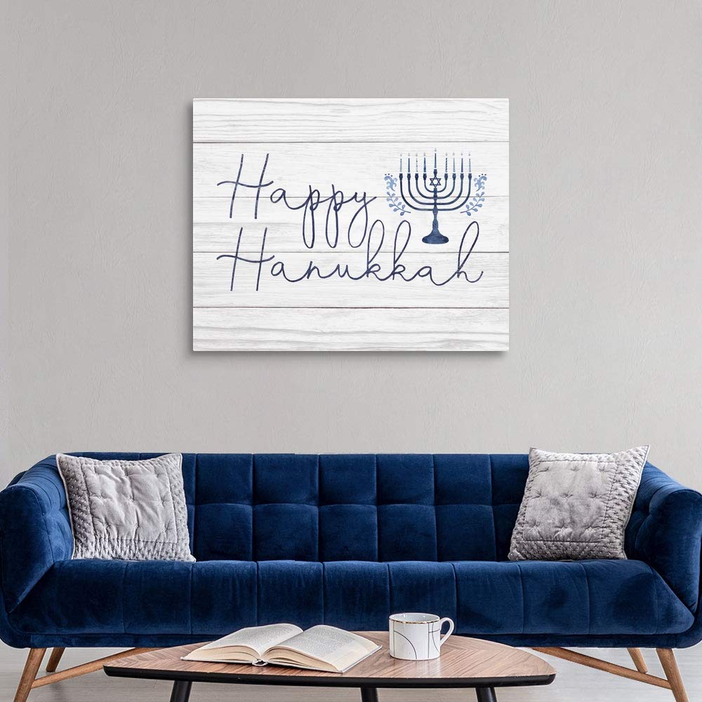 CANVAS ON DEMAND Happy Hanukkah On Barnwood Canvas Wall Art Print by Victoria Borges, Home Decor, Hanukkah, Holiday Artwork,45" x36in