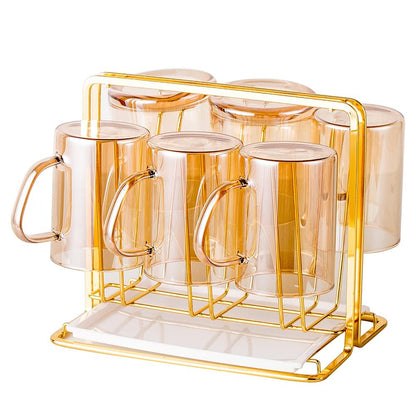 YISMAN Metal Cup Drying Rack with 6 Hooks, Bottle Drying Rack with Drain Tray,Coffee Mug Holder,Mug Organizer Golden