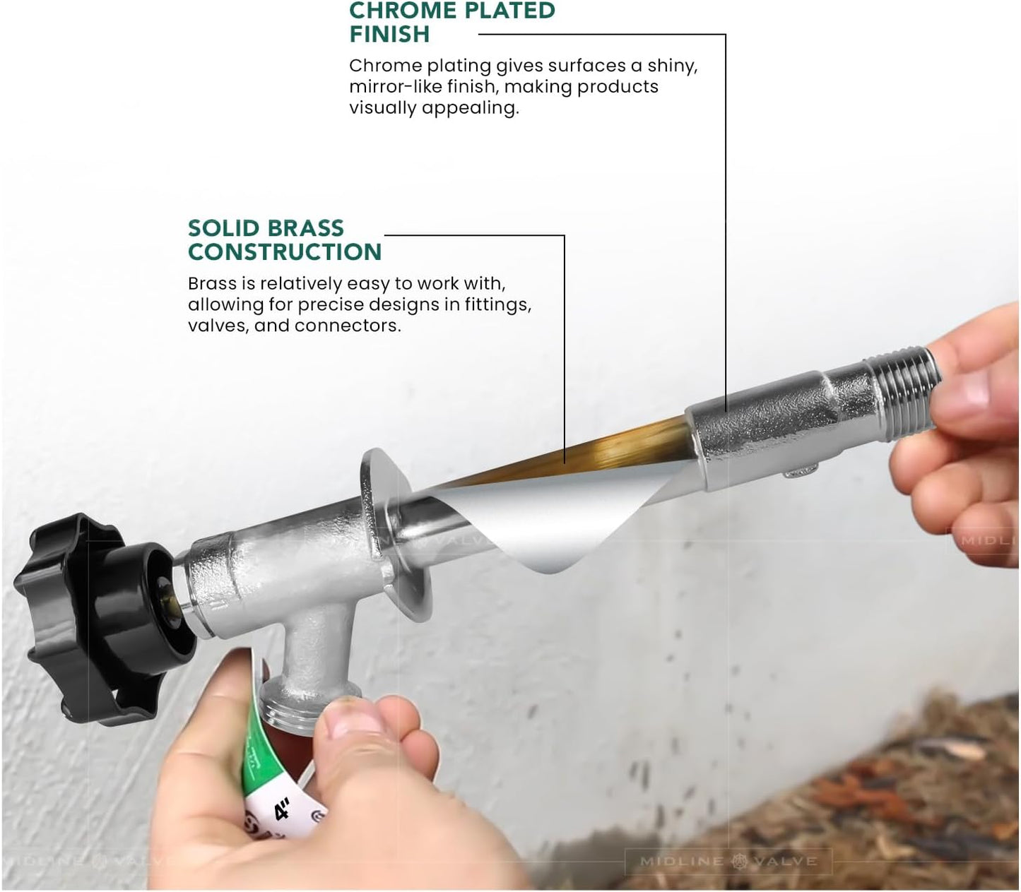 8 Inch 1/2" 3/4" Midline Valve Frost-Free Sillcock, Chrome-Plated Brass Body MIP/Sweat Inlet x Hose Bib Outlet
