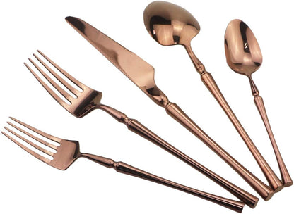 Copper Silverware Set, 5-Piece 18/10 Stainless Steel Flatware Cutlery Set, Mirror Finish, Dishwasher Safe