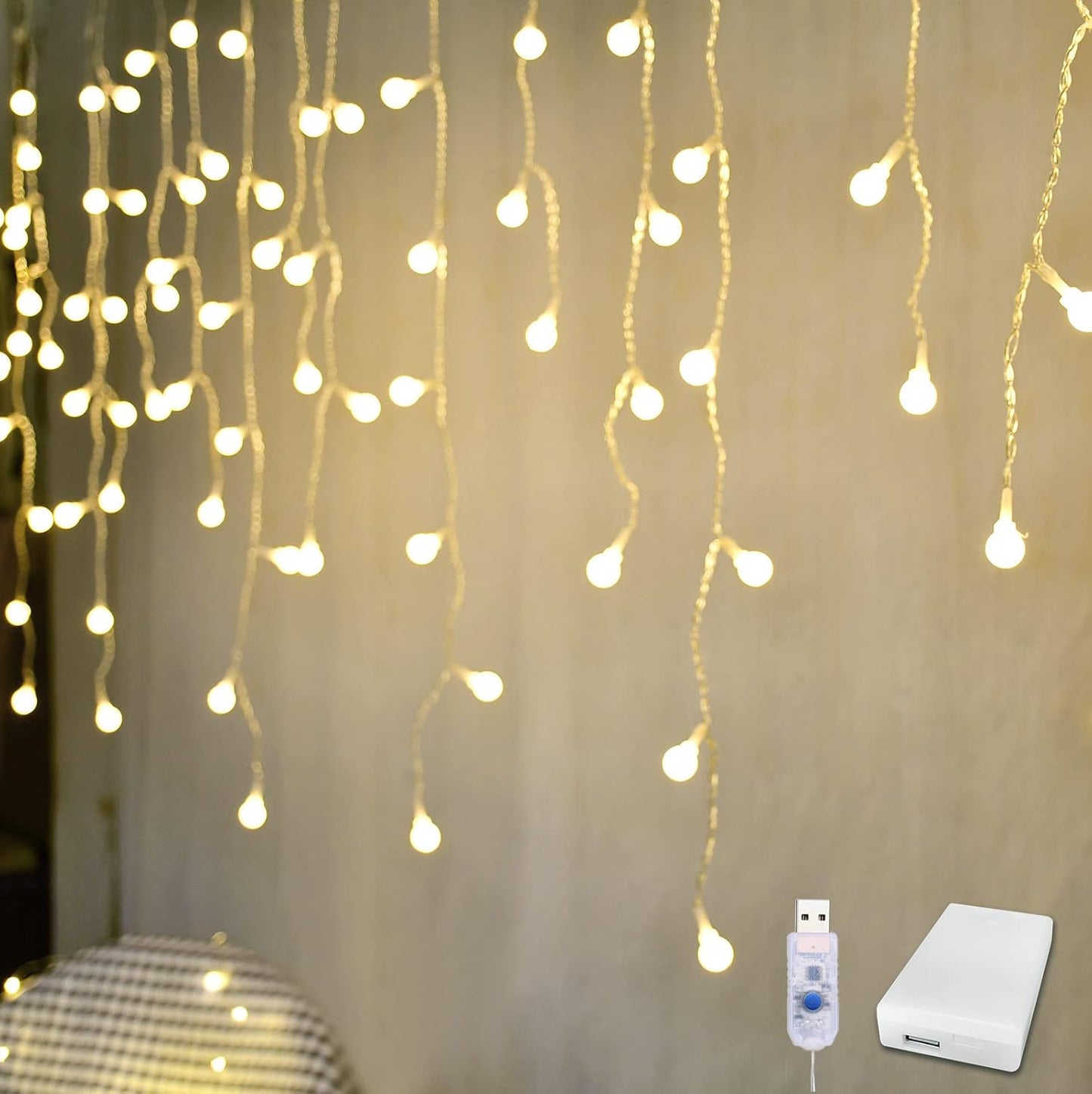 13ft 96 YOLIGHT Fairy Curtain Lights, USB/Battery Powered Ball Icicle Light LED Globe String Hanging Lights for Bedroom