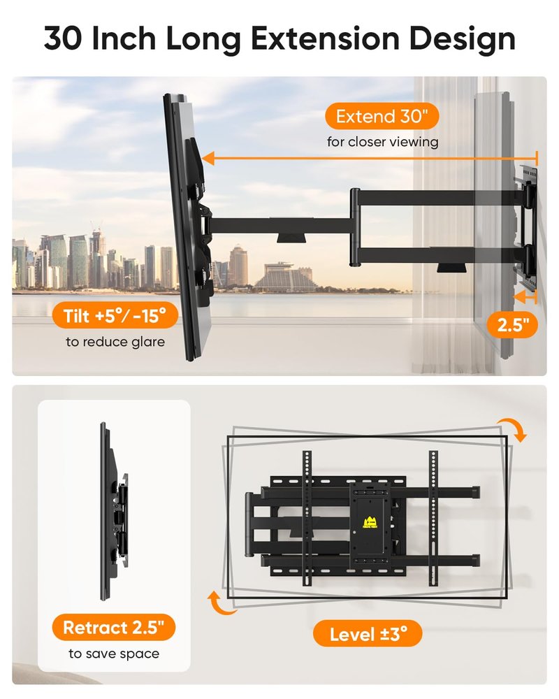FORGING MOUNT Corner TV Mount Long Arm TVs Wall Mount for Most 37-75 Inch Flat Curved TVs, 30 Inch Long Extension TV Mount Swivel, Tilt, Full Motion Articulating Arms Max VESA 600x400mm up to 99lbs