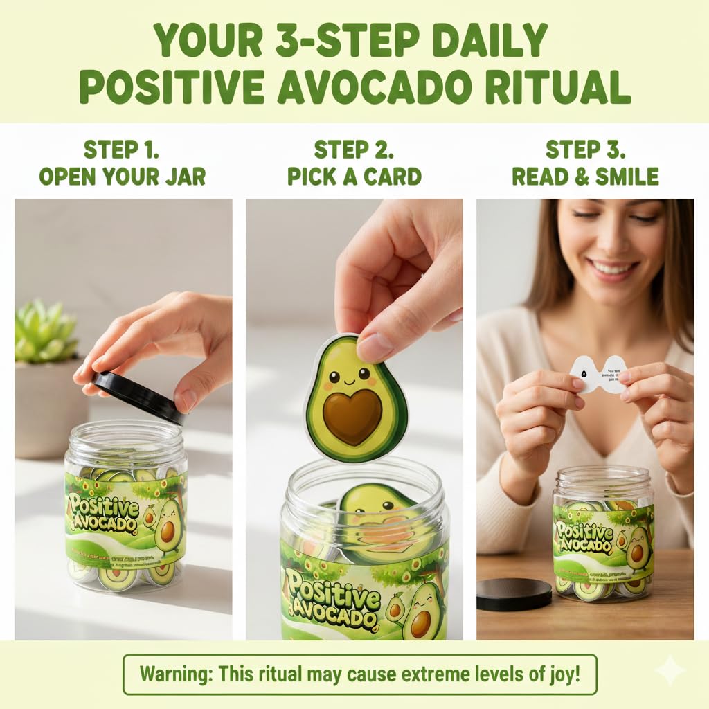Positive Avocado Jar with 60 Daily Affirmation Cards, Emotional Support Avocado Decor, Gift for Women and Teens, Inspirational Mental Health Jar for Friends Seeking Good Luck and Encouragement