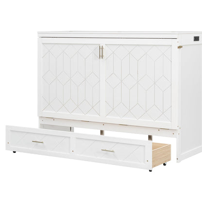 Merax Queen Size Murphy Cabinet Bed with Storage Drawers, Wall Murphy Bed with a Set of Sockets & USB Ports, Folding Platform Bed for Small Room