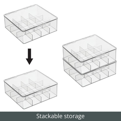 mDesign Plastic Kitchen Organiser — Practical Storage Box with 12 Compartments and Hinged Lid — Pantry Storage Box with Lid for Tea, Coffee, Spices and Other Foodstuffs — Clear