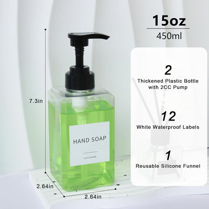 Skiennix Clear Soap Dispenser - Waterproof Labels & Thickened Plastic | 15oz 2-Pack for Kitchen & Bathroom
