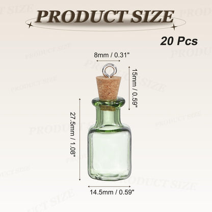 HARFINGTON 20 Pcs Mini Glass Bottles Jars, Square Small Cute Glass Jars Vials Pendants Small Vials Wishing Bottle with Cork Stoppers and Eye Screws for DIY Crafts Wedding Favors, Green