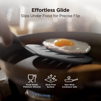 Kitchen Mama WaltzGrip Platinum Silicone Pancake Spatula Turner: Heat Resistant Flexible, Stainless Steel Core, Nonstick, Dishwasher Safe, Flipper – Ideal Kitchen Cookware Egg, Fish, Meat (Metal Gray)