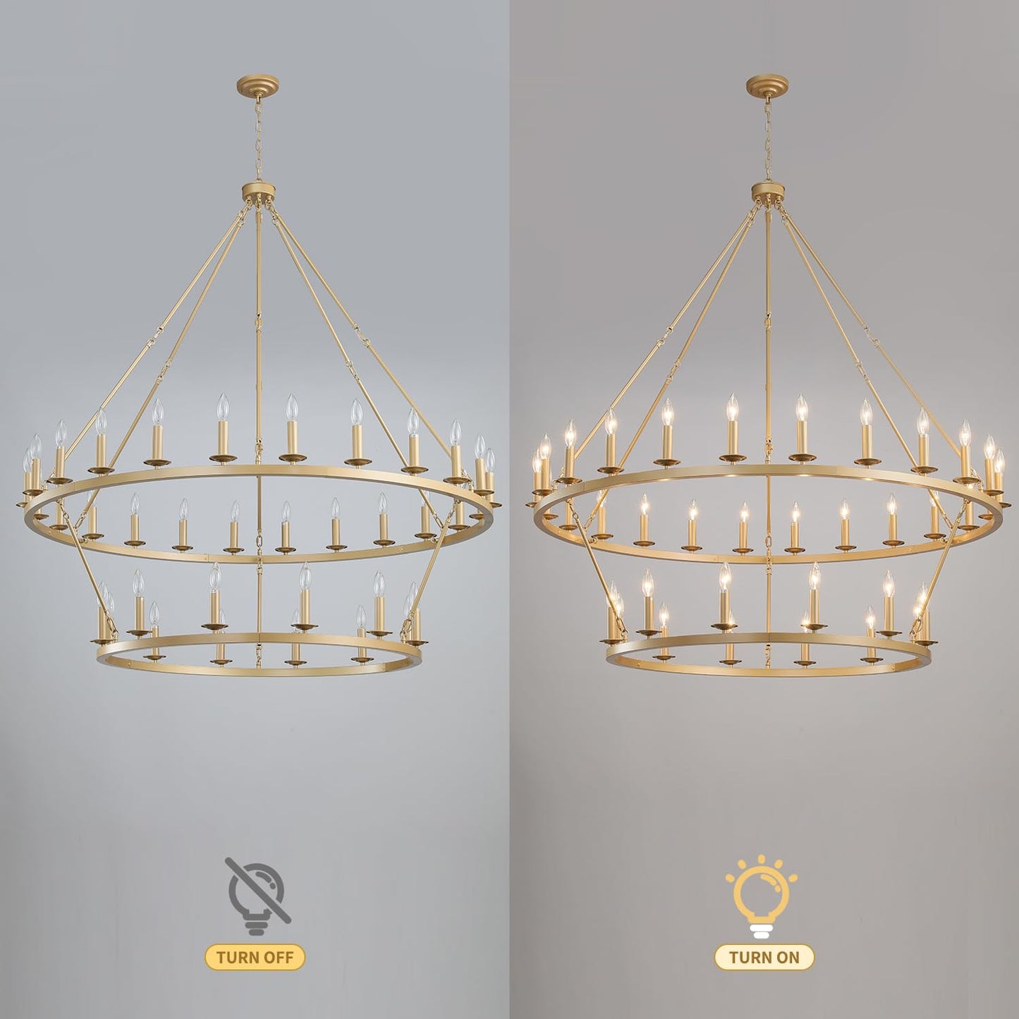 QJMPP Gold Wagon Wheel Chandelier 2 Tier 53-Inch 36-Light,Extra Large Circle Rustic Farmhouse Light Fixture,Round Metal Chandeliers for Foyer Entryway Dining Room Living Room High Ceilings