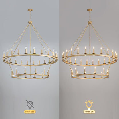 QJMPP Gold Wagon Wheel Chandelier 2 Tier 53-Inch 36-Light,Extra Large Circle Rustic Farmhouse Light Fixture,Round Metal Chandeliers for Foyer Entryway Dining Room Living Room High Ceilings