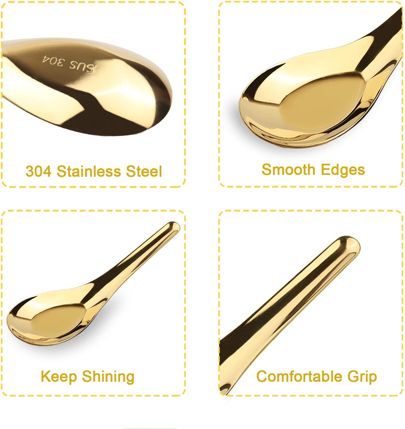 Stainless Steel Chinese Soup Spoons, Set of 6 Asian Soup Spoons for Ramen, Pho, Wonton, Dumpling (Gold)
