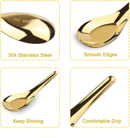 Stainless Steel Chinese Soup Spoons, Set of 6 Asian Soup Spoons for Ramen, Pho, Wonton, Dumpling (Gold)