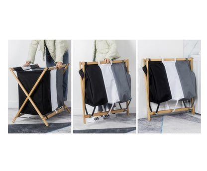 PXIWDAN Laundry Basket Bamboo Laundry Hamper 3 Section Felt Compartment Sorter Bag Basket Removable Clothes Wooden Clothes Hamper