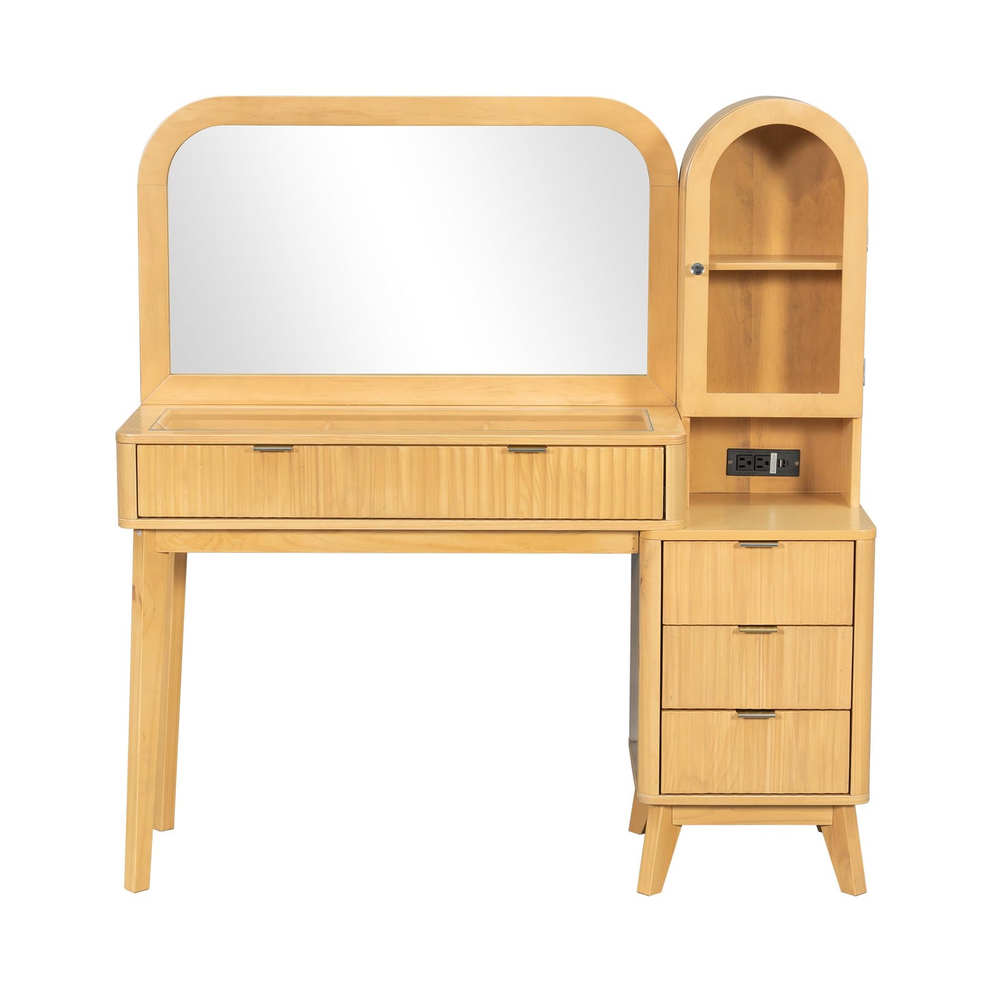 48" Fluted Makeup Vanity Desk with Large 32" Mirror, Modern Glass Top Vanity Table with 4 Drawers & Side Cabinet, Built-In Charging Station, Dressing Table Set for Bedroom, Natural Wood Finish