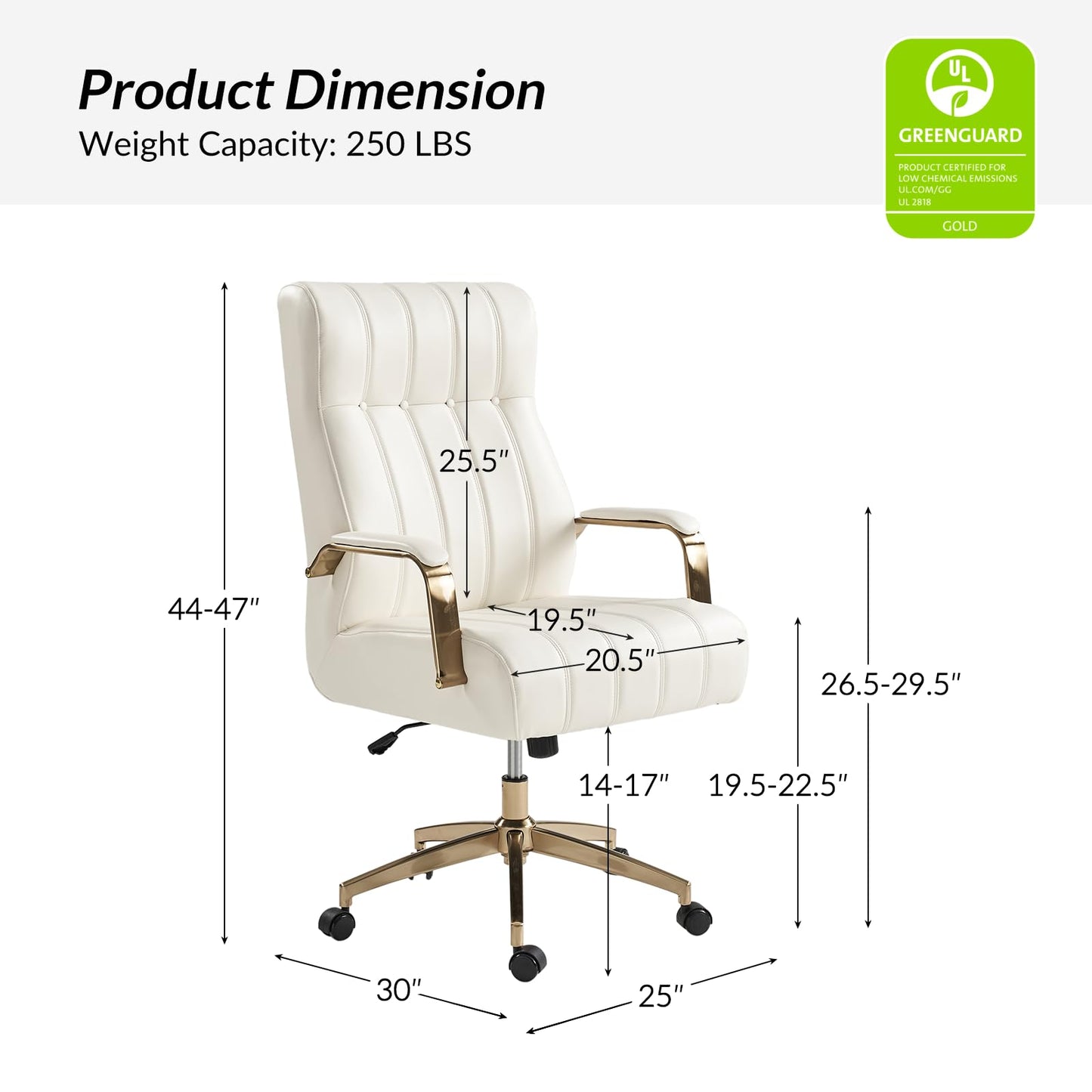HULALA HOME Modern Executive Office Chair, Faux Leather Tufted Ergonomic Desk Chair with Gold Plated Base & Armrests, 360° Swivel Adjustable Height Tilt Home Office Chair for Work/Study