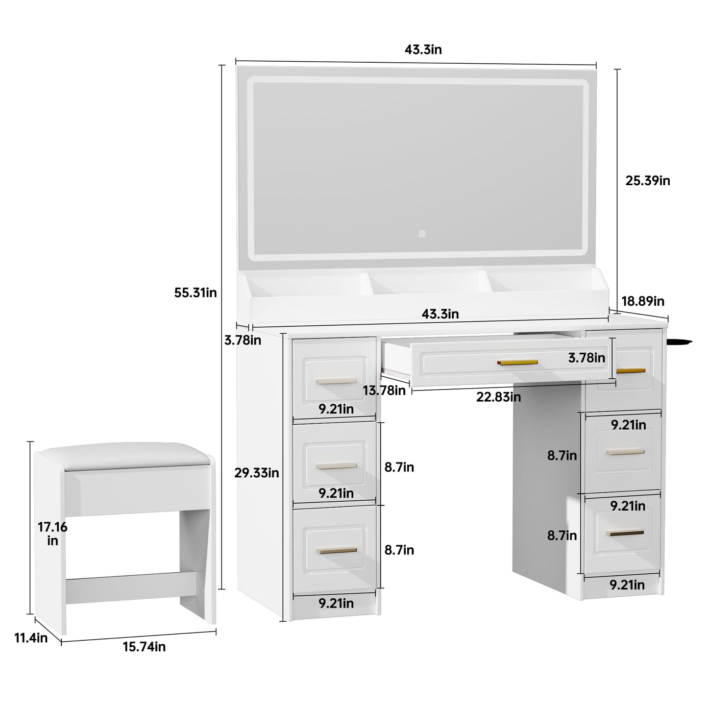 Vanity Desk with Mirror and LED Lights, 43'' W Makeup Vanity Desk with Power Outlet, 3 Color Modes, 7 Drawers Vanity Table with Chair, Dressing Table for Bedroom, Dressing Room