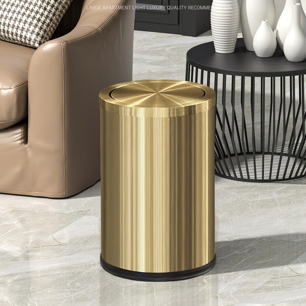 LEASYLIFE 9L/2.4Gal Gold Trash Can,Brass Bathroom Garbae Can with Flipping Lid,Small Brass Garbage Can for Office, Laundry Room,Bedroom,Hotel