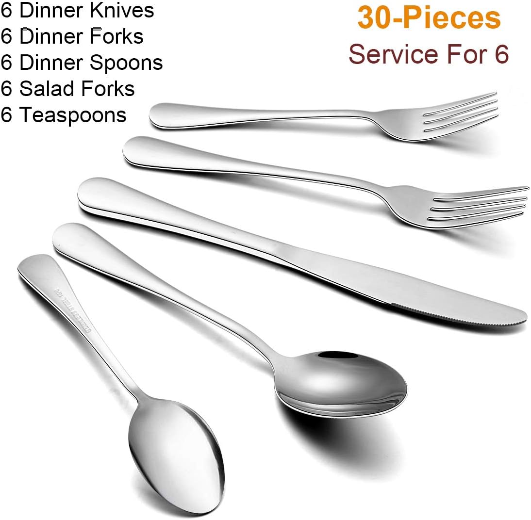 Wildone 30-Piece Silverware Flatware Cutlery Set, Stainless Steel Tableware Utensils Service for 6, Includes Dinner