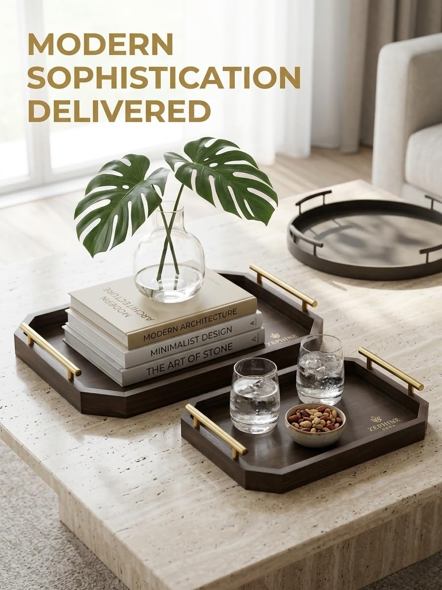 ZEPHINE HOME Luxury Decorative Wooden Serving Trays, Dark Brown Hexagonal Design with Gold Handles, 18x12 in/13.7x8.8 in, Modern Ottoman Tray Set of 2 for Coffee Table, Bar, Home Decor, Serving