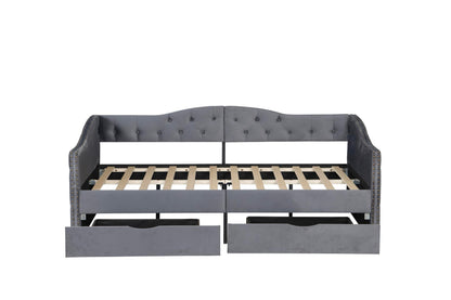 Bellemave Twin Upholstered daybed with 2 Drawers and USB Charging, Velvet Tufted Sofa Bed Twin Size, daybed with Trundle for Adults, Kids, Girls, Teens, for Living Room, Grey