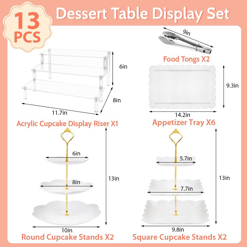 Xoogifae 13pcs Dessert Table Display Set, 4pcs Tiered Cupcake Stand Holder Tower, 1pc Acrylic Dessert Display Riser, 6pcs Serving Trays, 2pc Tong Combo For Wedding Party Birthday Bride Baby Shower